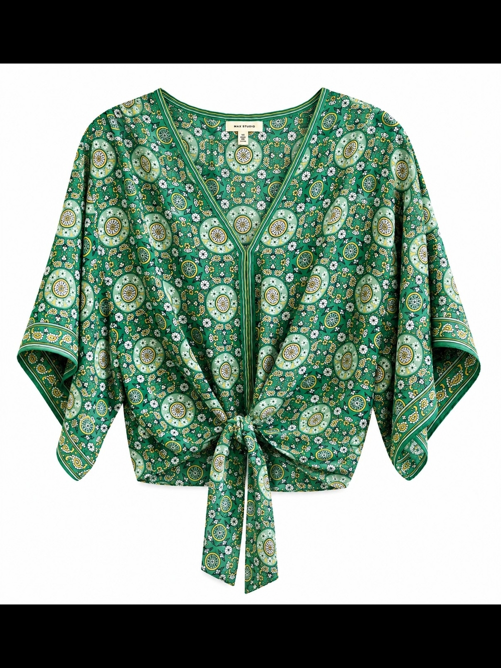 Max Studio Green Printed Tie-Front Kimono Blouse